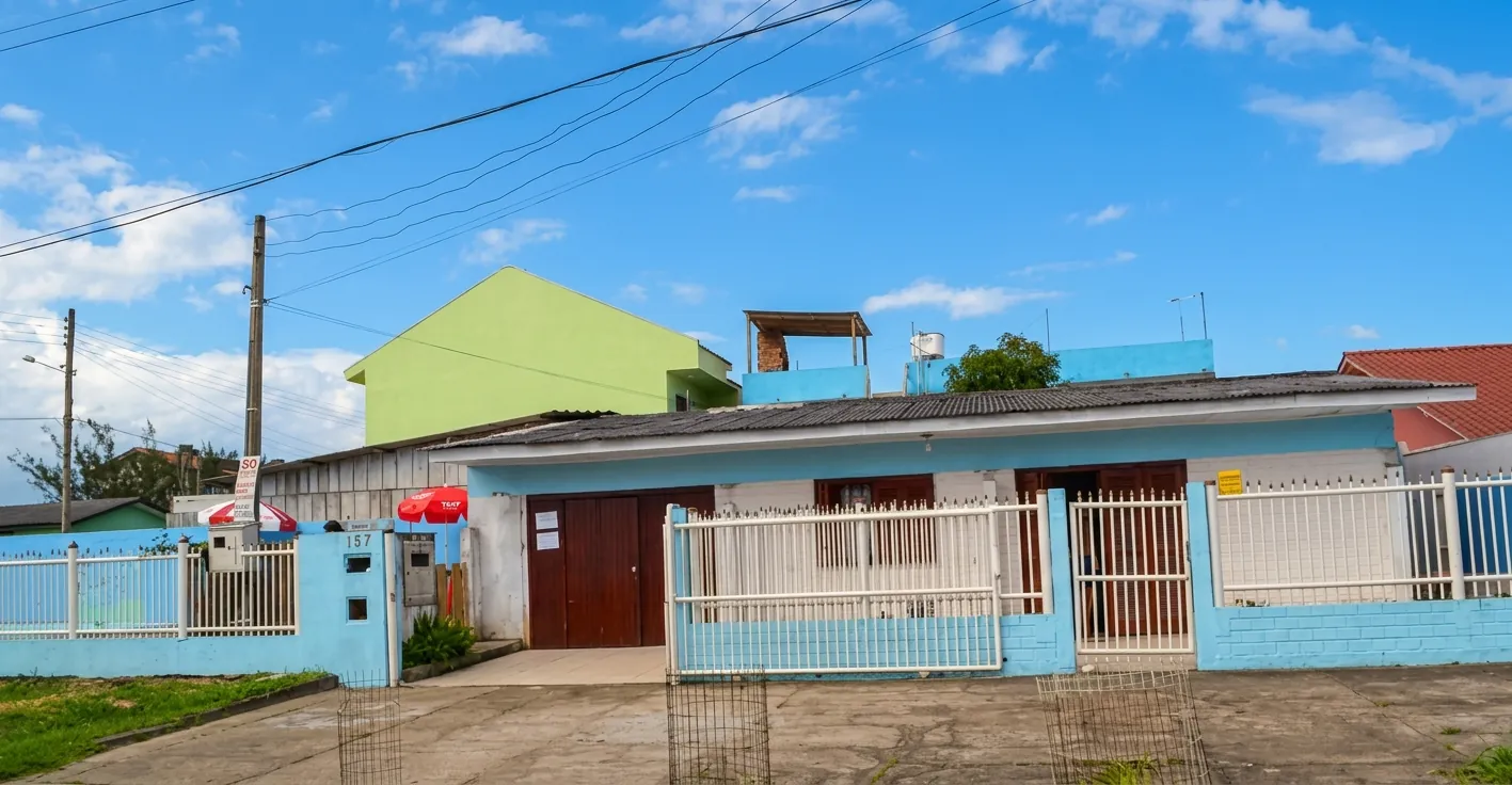 Frente da Pousada Nascer do Sol vista da rua, com muro azul-claro, portões brancos e telhado baixo