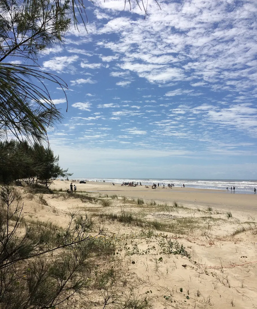 Faixa de areia e dunas com vegetação sob céu azul de nuvens, em Arroio do Sal